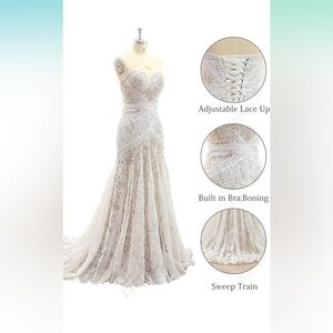 LIPOSA Bohemian Wedding Dress Sweetheart Mermaid Lace Bridal Gown, NWT Size 10